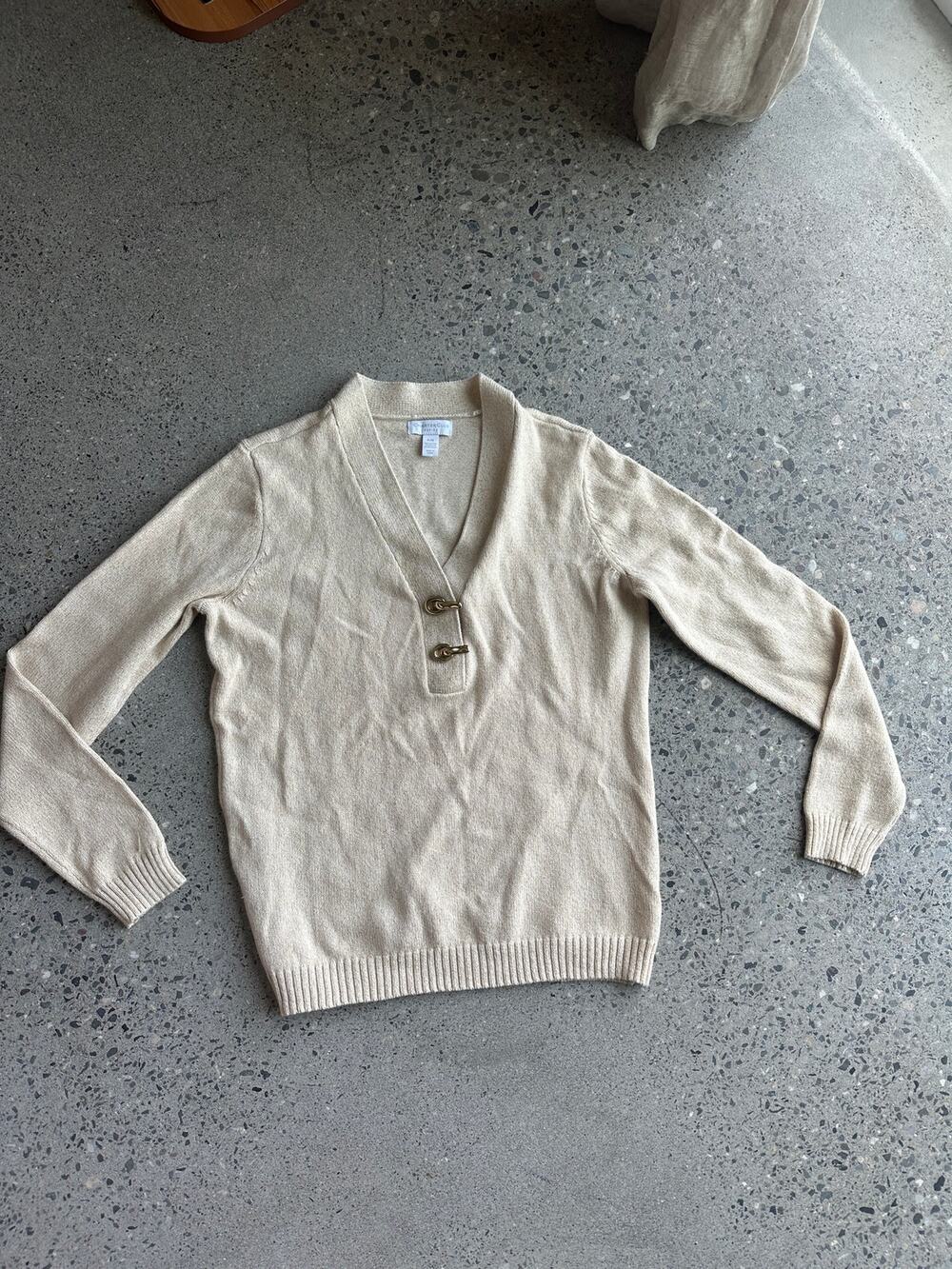 Vintage Charter Club Petite Cream Gold Cotton Blend Toggle Sweater P/M
